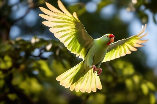 Flying large green ringed or Alexandrine parakeet (Psittacula eupatria)
