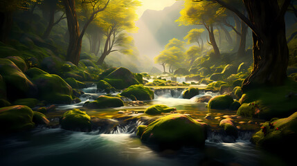 Forest landscape, exotic foggy forest