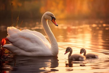 Rolgordijnen Mute swan playing with baby swans at golden hour light on the lake  © Ирина Курмаева