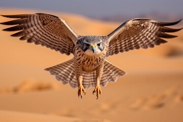 Fototapeta premium One flying falcon in the desert