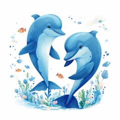 Illustration of two dolphins jumping on the waves on a white background.