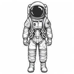 Fototapeta na wymiar A black and white line art illustration of an astronaut, with detailed full-body outlines.