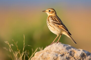 Fototapeta premium Side view of a skylark perched on a rock against a green wheat field background
