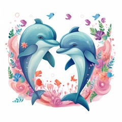 Illustration of two dolphins jumping on the waves on a white background.