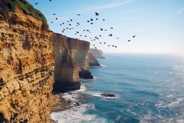 Fototapeta na wymiar Many swallows on a sea cliff fly to their nests on a sunny day