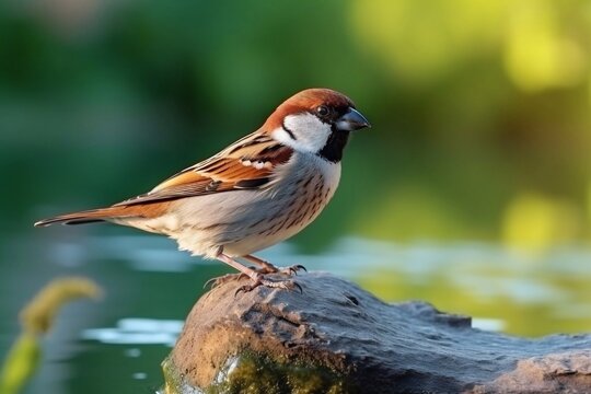 beautiful selective focus image of a brown sparrow resting in a park with a blurred green background behind