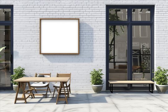 Interior of cafe with white brick wall, wooden tables and chairs. 3d render