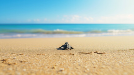 Fototapeta na wymiar hatchling turtle treks towards the ocean on a sandy shore, under a bright sky