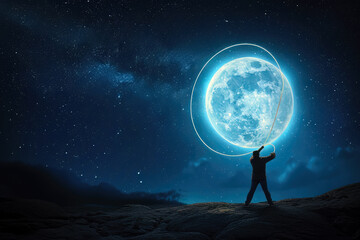 Man catching the moon with a lasso - obrazy, fototapety, plakaty