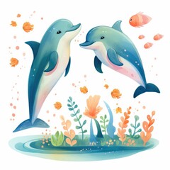 Watercolor Illustration of two dolphins jumping on the waves on a white background.