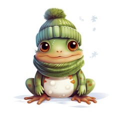 Illustration of a cute frog wearing a knitted hat, scarf on a white background.