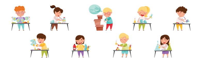 Creative Kid at Table Engaged in Handcraft Activity Recycle Material Vector Set
