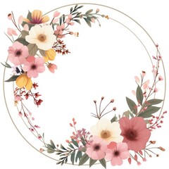 Fototapeta premium minimalist circle frame with flat modern flowers bouquet, isolated on a white background