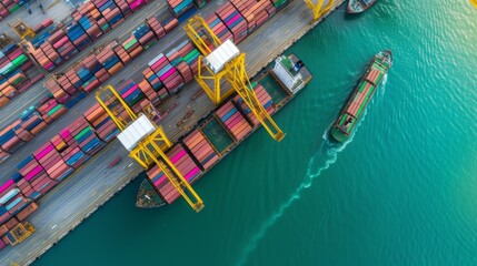 Fototapeta na wymiar Logistics and transportation of Container Cargo ship and Cargo plane with working crane bridge. Generative Ai