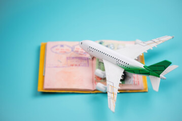 Travel passport pages with different countries Visa stamps and plane. Immigration, emigration, visa application and tourism concept.