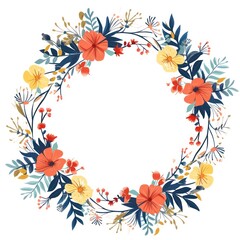 Circular frame design adorned with a flat modern flower bouquet, presented on a white background for isolation.
