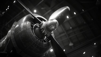 Close up black and white image of airplane propeller and engine.