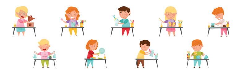 Creative Kid at Table Engaged in Handcraft Activity Recycle Material Vector Set
