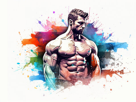 bodybuilding gym art concept, watecolor banner illustration isolated on white 