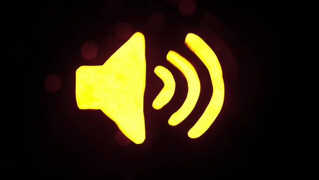 Sign template isolated on black background. Neon yellow dynamic speaker symbol glowing with water waves moving over icon with ripples.