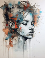 Abstract watercolour painting of beautiful young woman