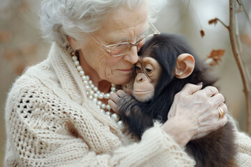 An elderly woman tenderly embraces a young chimpanzee, both exhibiting serene expressions in a natural setting. compassion and could illustrate themes of care, connection, or nature