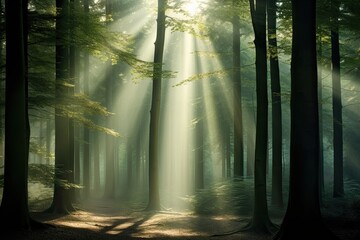 the sunlight shining at over a forest