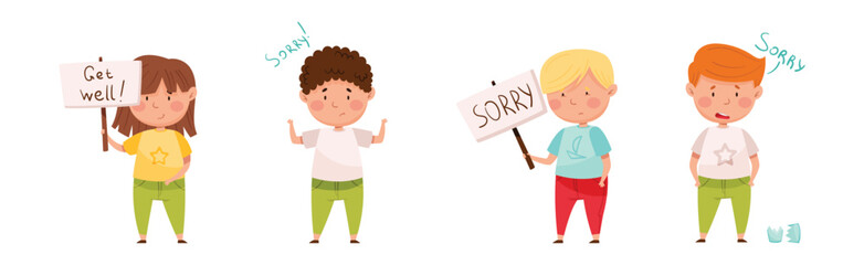 Upset Kid Feel Guilty and Sorry Expressing Regret Vector Set