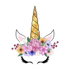 Cute unicorn head with flower crown