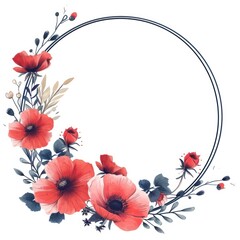 Flat modern flowers arranged in a minimalist circle frame, isolated against a white background.
