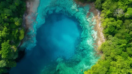 Fototapeten Aerial view emerald pool lagoon in jungle green rainforest, Blue pool famous tourist travel destination, generative Ai © SAHURI
