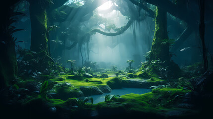 Fototapeta na wymiar Forest landscape, exotic foggy forest