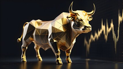 Bull financial infographic stock market chart award. Gold and black color low poly lines. Generative AI
