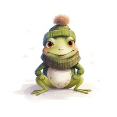 Watercolor illustration of a cute frog wearing a knitted hat, scarf on a white background.