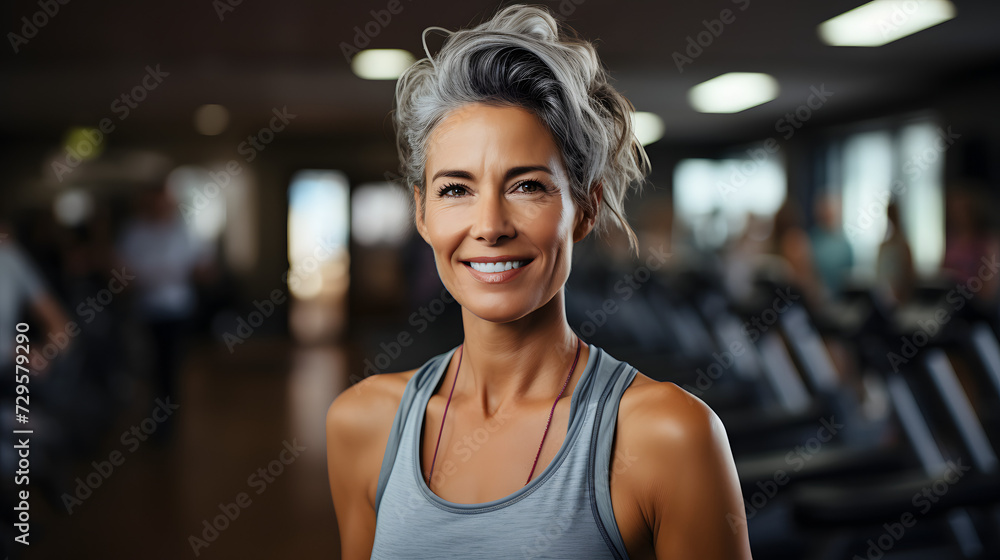 Wall mural A stylish lady with a warm smile and a fashionable outfit poses confidently indoors, her toned shoulders and a dumbbell in the background hinting at her fitness journey