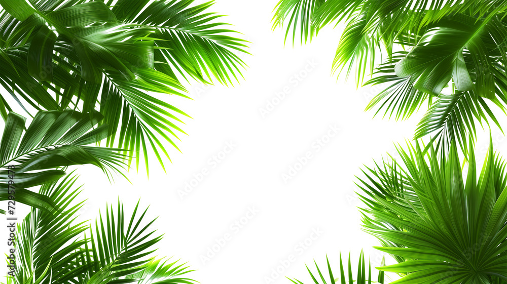 Wall mural tropical frame with green palm leaves. tropical plant branches isolated on a transparent background.