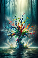 Surreal work of a vibrant, colorful splash tree in a mystical forest with paint-like splatters, creating a dynamic and whimsical nature scene. Background concept. AI generated.