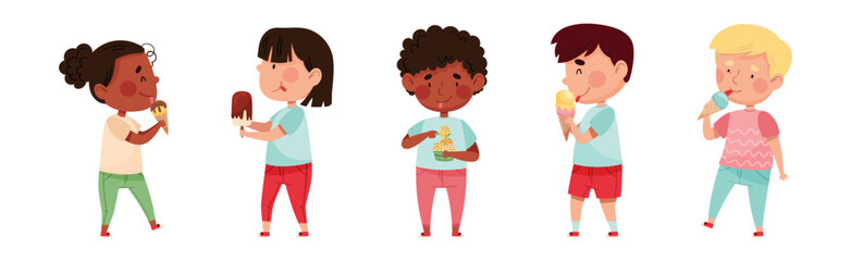 Happy Kid Character Eating Ice Cream Enjoy Frozen Dessert Vector Set