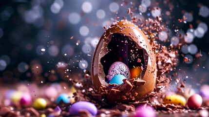 Vibrant Easter Composition Showcasing An Exploding Chocolate Egg With Multicolored Easter Eggs - obrazy, fototapety, plakaty