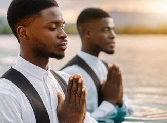 Baptism. Portrait of two young black man praying in the water at sunset. closeup