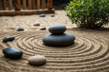 A sand pit with circular ripples and rocks stacked on top of each other.