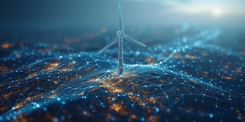 Digital Wave of Sustainability: A Solitary Wind Turbine Illuminates the Path to Renewable Energy in a Sea of Blue Data, Generative AI - obrazy, fototapety, plakaty