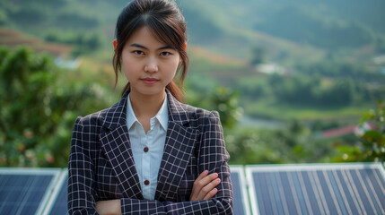 Shrewd Asian businesswoman standing in front of a solar panel, lush surroundings in the background.