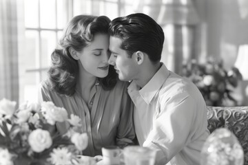 Beautiful young couple in love sitting in a restaurant. Black and white photo.