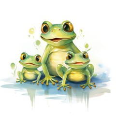 Watercolor Illustration of a family of frogs on a white background.