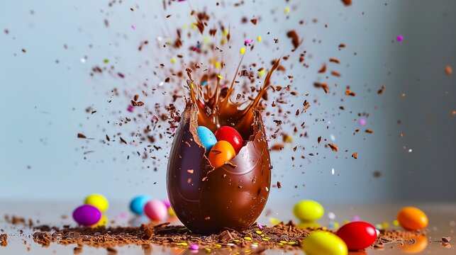 Intense Image Of A Chocolate Egg Shattering With Vividly Colored Easter Eggs Inside,