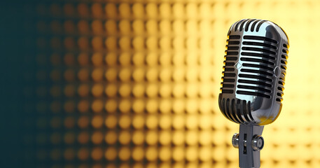 Fototapeta na wymiar Vintage microphone blur gold metal background with copy space for text. 