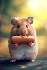 A hamster with a hot dog on a blurred background