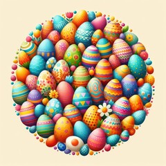 Fototapeta na wymiar Collection of Easter multi-colored round-shaped eggs on a white background, top view. Happy Easter card. Celebrating and decorating the holiday of the Christian religion