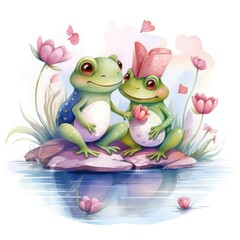 Watercolor illustration of a pair of frogs in love on a white background.